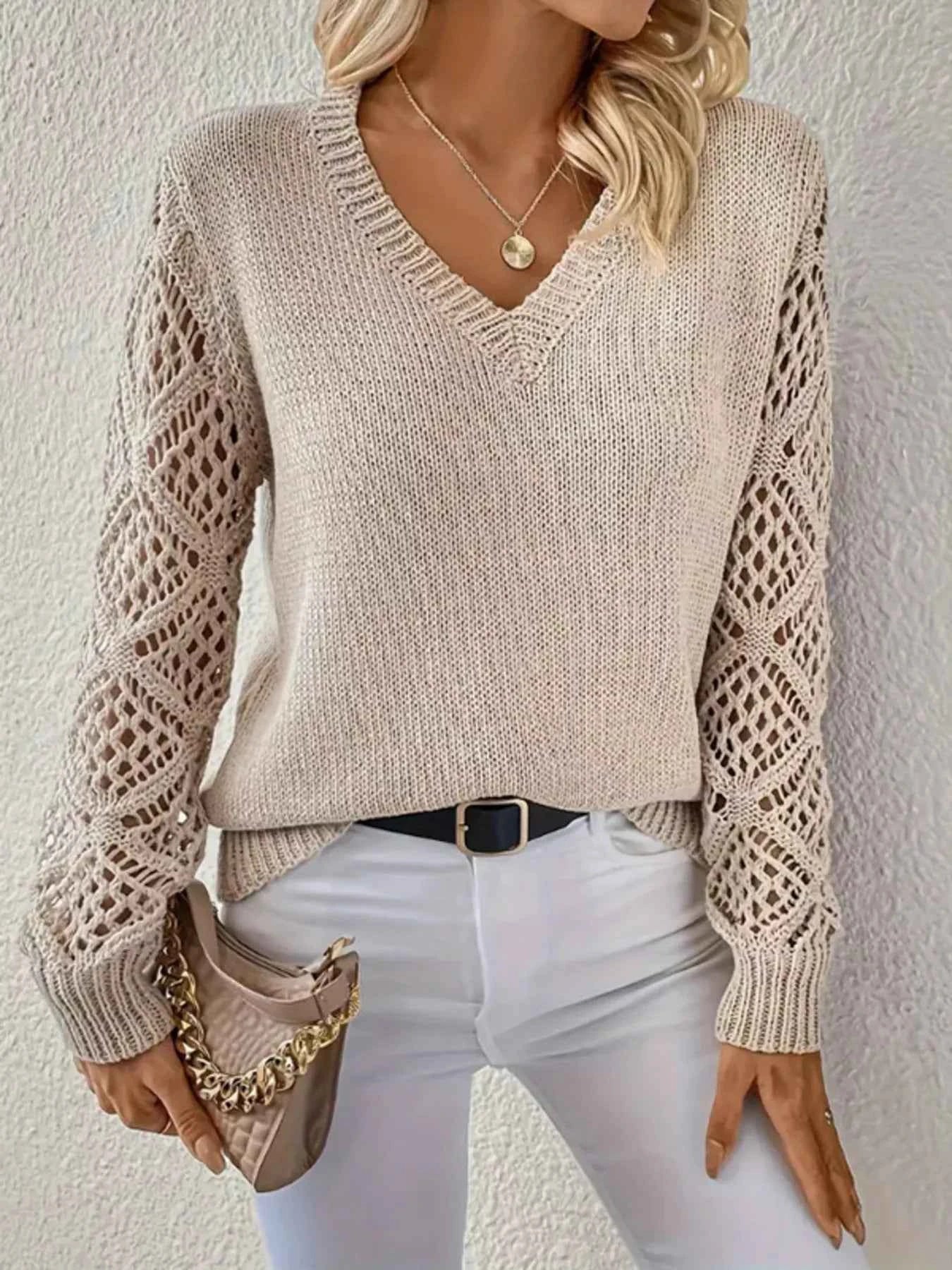 Openwork V-Neck Long Sleeve Sweater 5613d0a8b8d1494db62de60ce9dc14b8-Max-Origin