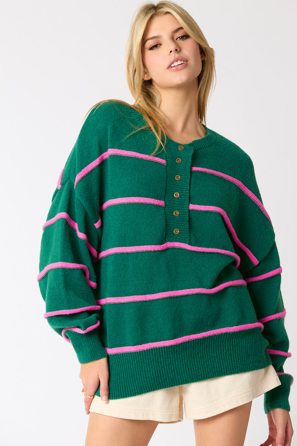 Green Striped Half Button Drop Shoulder Oversized Sweater 56181b1b67b6c86d