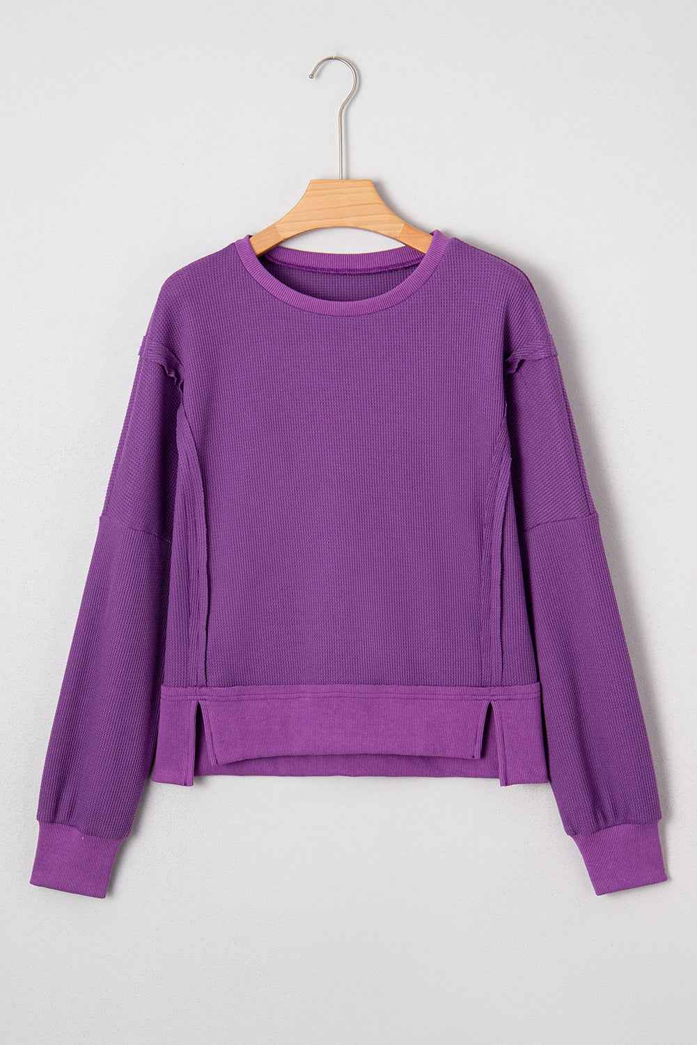 Evergreen Solid Color Raw Seam Patchwork Ribbed Drop Shoulder Sweatshirt 5620d8f06c187d58