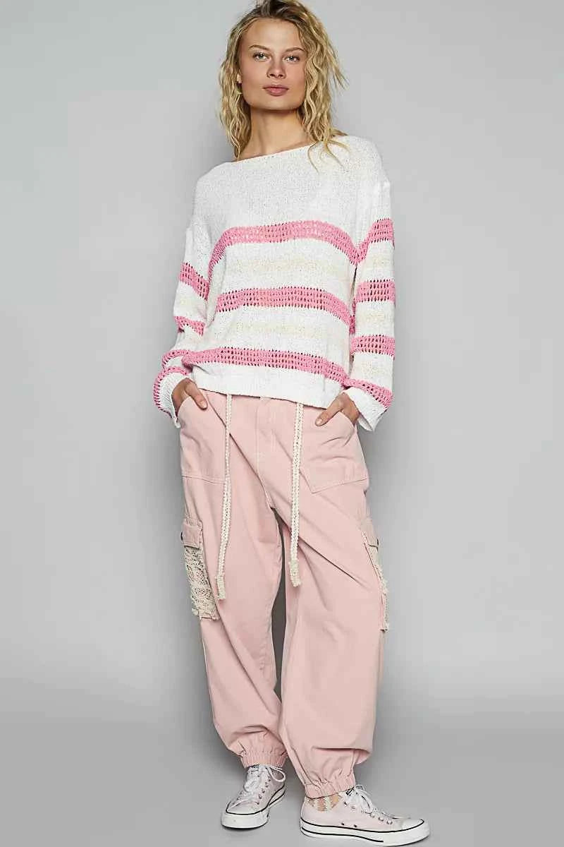 POL Striped Openwork Round Neck Knit Top 563026b6-7bd3-4df5-a57f-b633eb0da514-Max-Origin