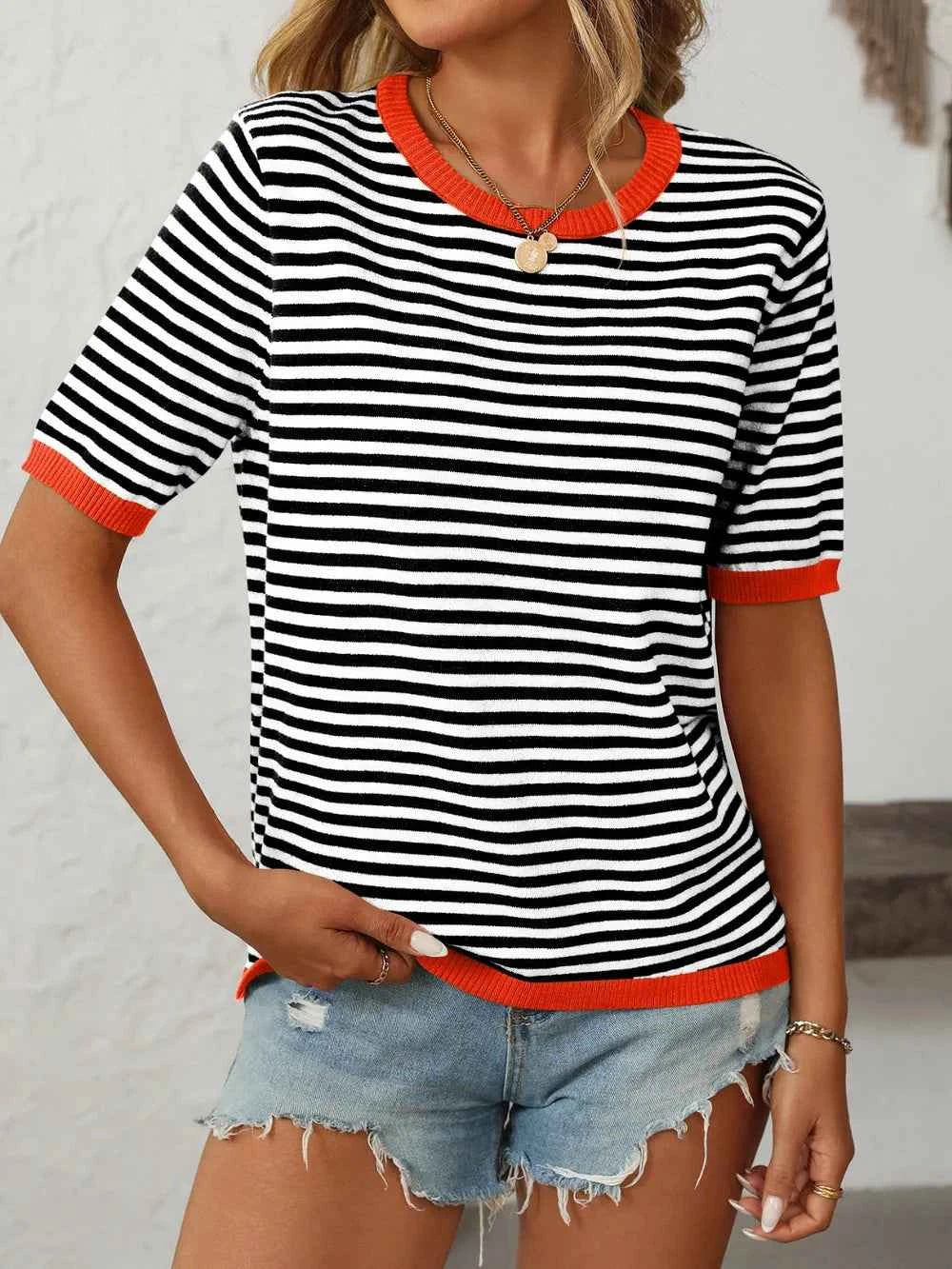 Mandy Striped Round Neck Half Sleeve Knit Top 564d4cc2-7c0a-4085-b1cd-9f8417646e27-Max