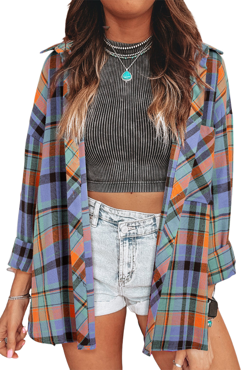 Orange Plaid Print Pocket Loose Shirt Shacket 565a75dda6e3117f