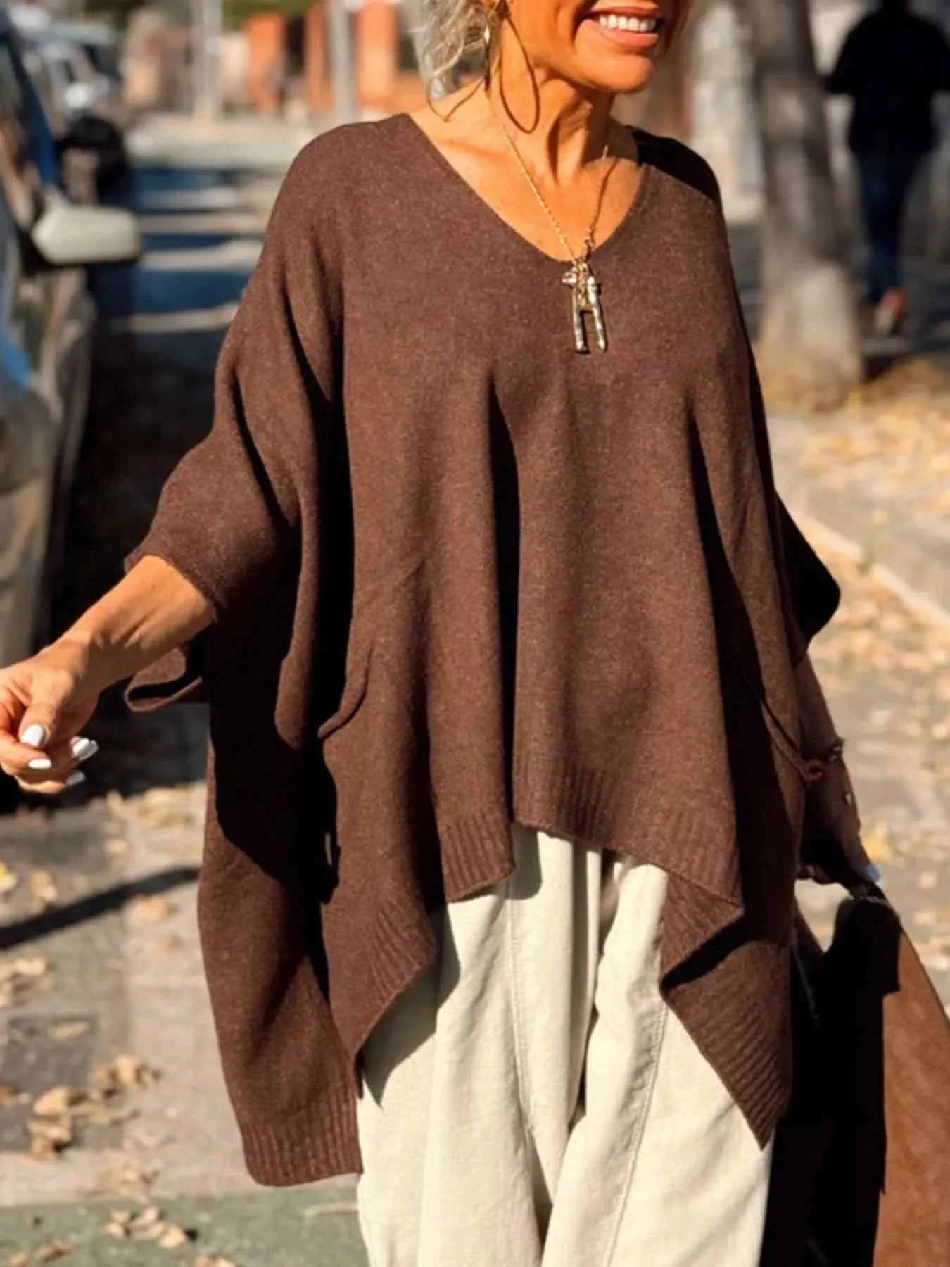 Ribbed Hem V-Neck Sweater Coffee Brown 565b570e-0e6b-42e7-90df-63dc0627fcff-Max-Origin