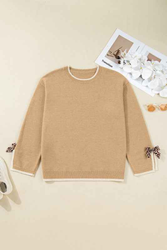 Plus Size Leopard Bow Split Cuff Sweater Tan 566125c9-bda2-4b7c-8c11-7d87920ba82d