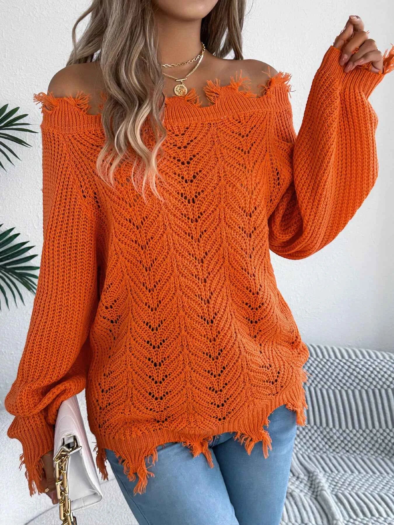 Distressed Hem Openwork Off-Shoulder Sweater 566e58af0c154f8f9ee58d4230270ad1-Max-Origin