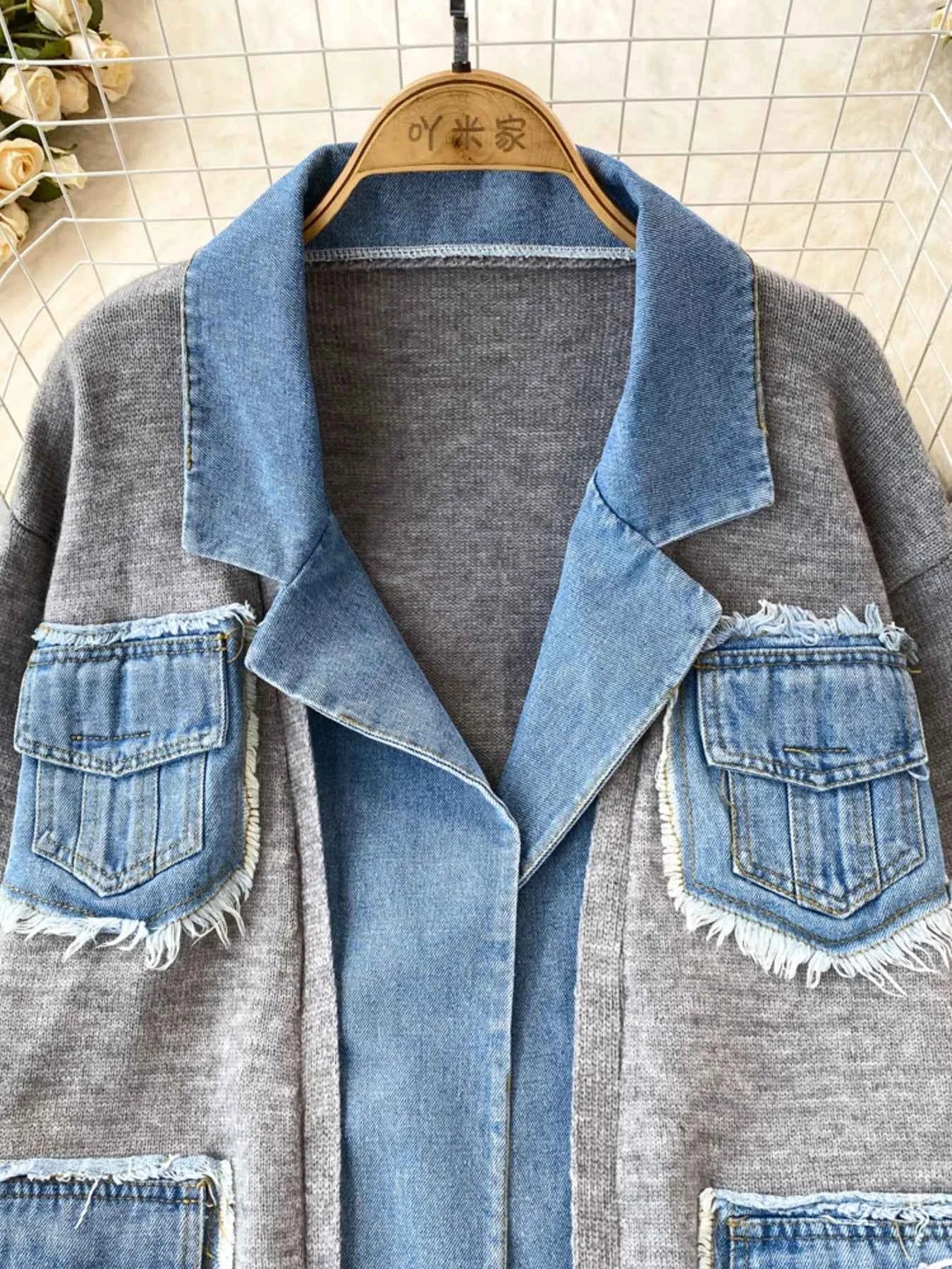 Raw Hem Denim Pocket Patchwork Cardigan 5670335568194eb797eba1cc78432f98-Max-Origin