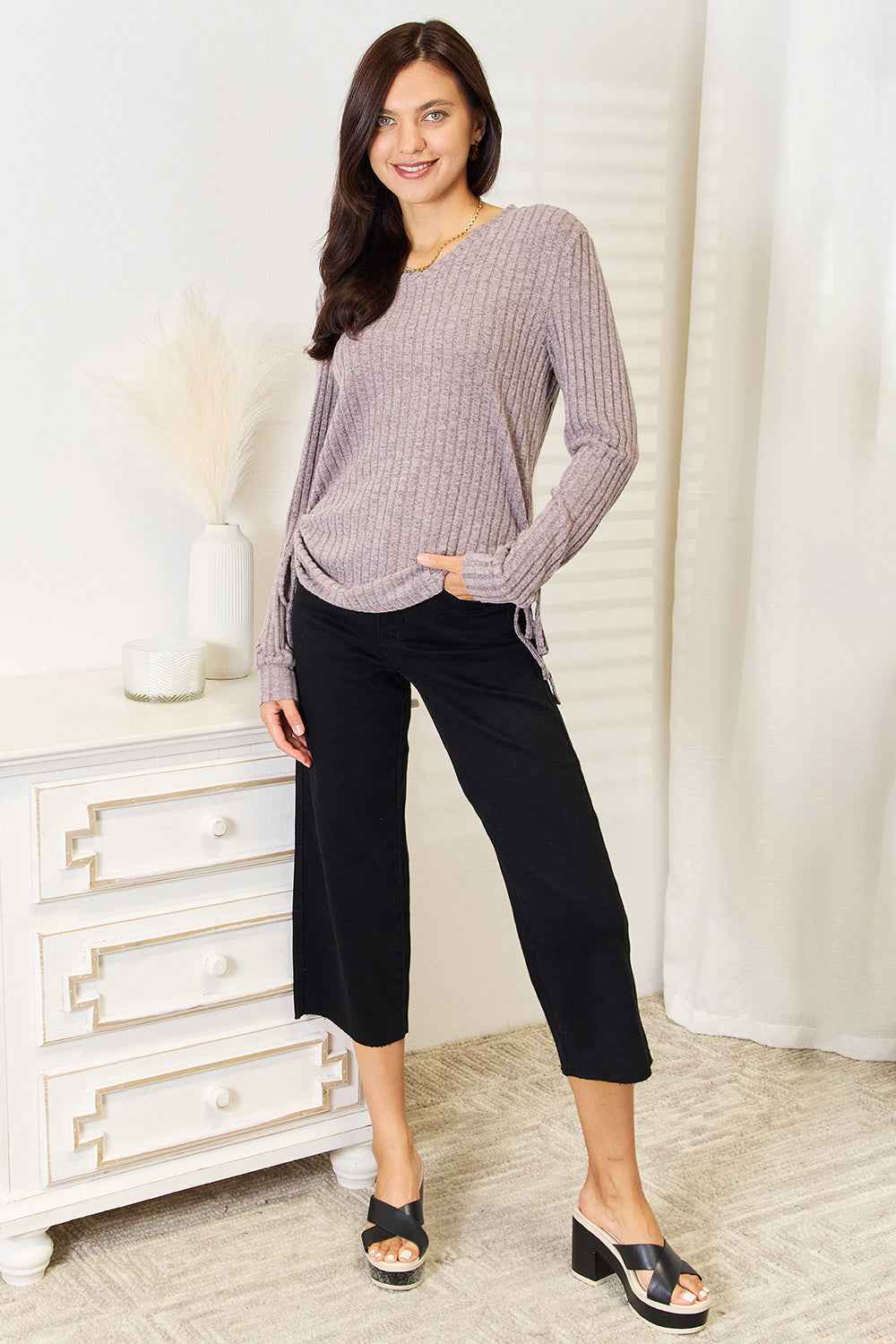 Double Take Drawstring Ribbed Long Sleeve T-Shirt 5672b07107a34968b789f07933b43d82-Max