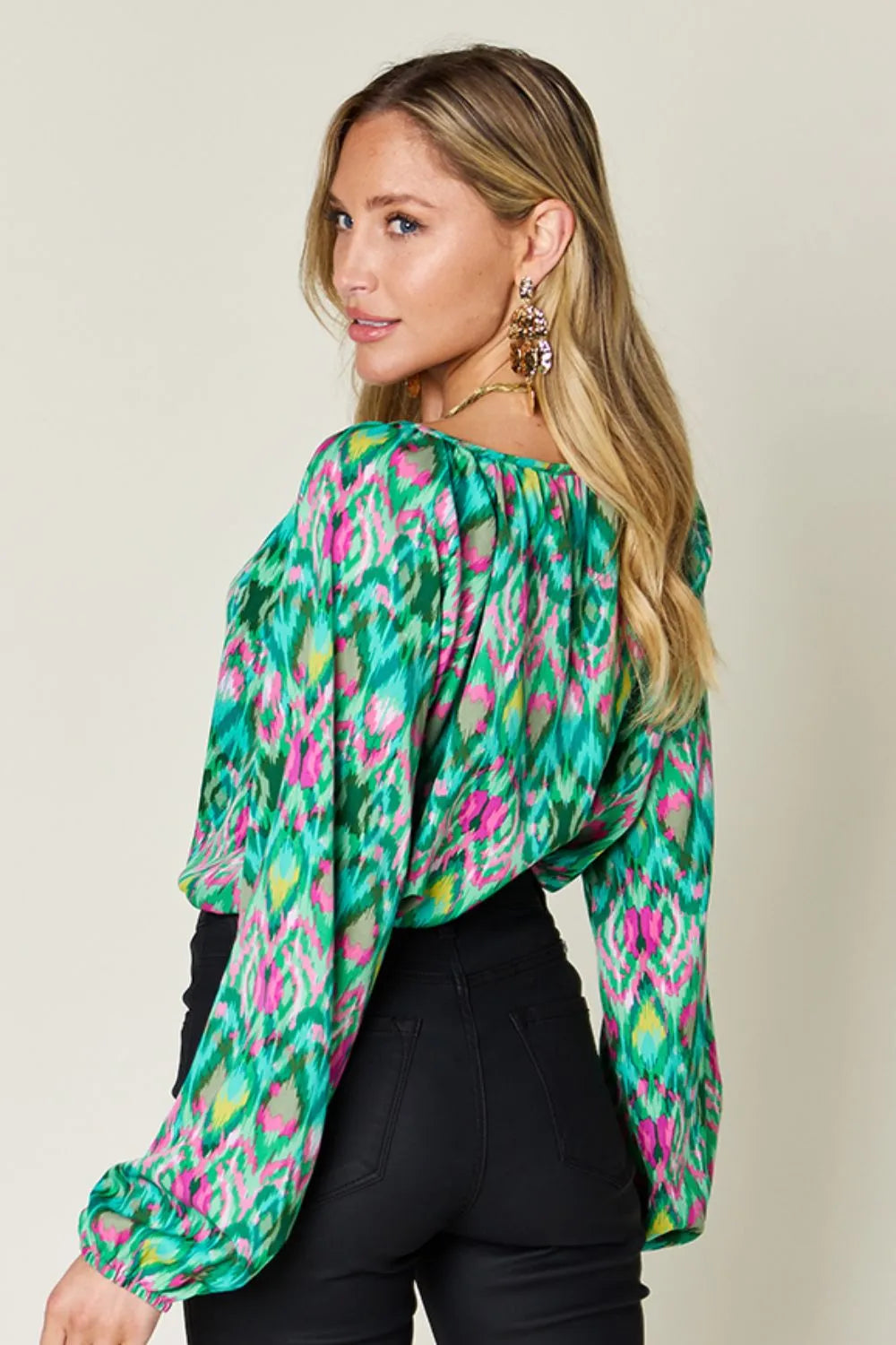 Double Take Full Size Printed Balloon Sleeve Blouse 56a168aa-8810-472f-a181-fecac4553c39-Max