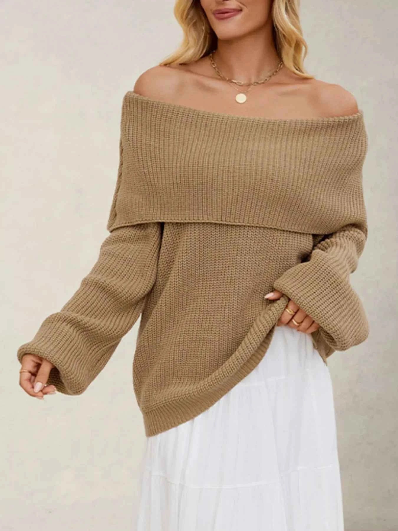 Fold-Over Collar Long Sleeve Sweater Khaki 56a4b2f5-fdb4-403d-bc98-ba2d5cb68fbc-Max-Origin