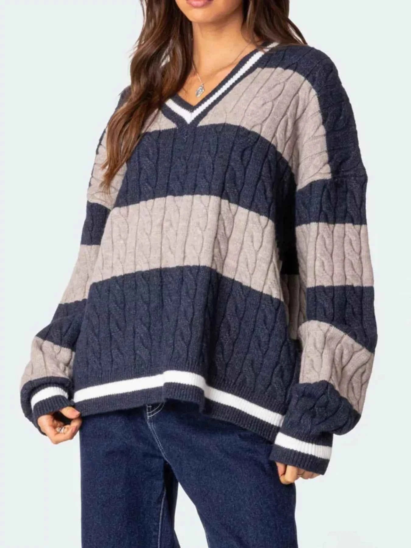 Striped Cable Knit V-Neck Sweater 56a5349c-86bb-4623-9708-56e1861528bc-Max-Origin