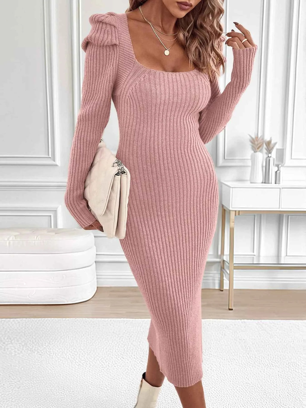 Ribbed Knit Square Neck Bodycon Sweater Dress 56ac59b8cdc0405aa4d1e2d4b20938d8-Max-Origin