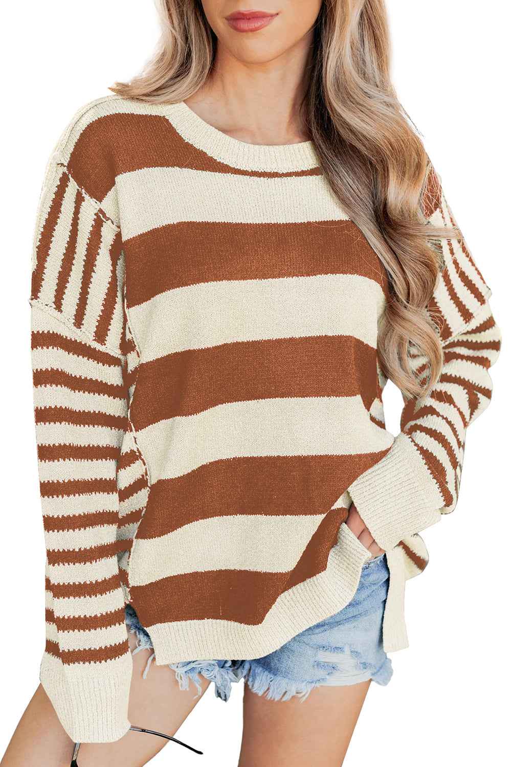 Brown Stripe Drop Shoulder Sleeve Patchwork Baggy Sweater 56b636abef411bd2