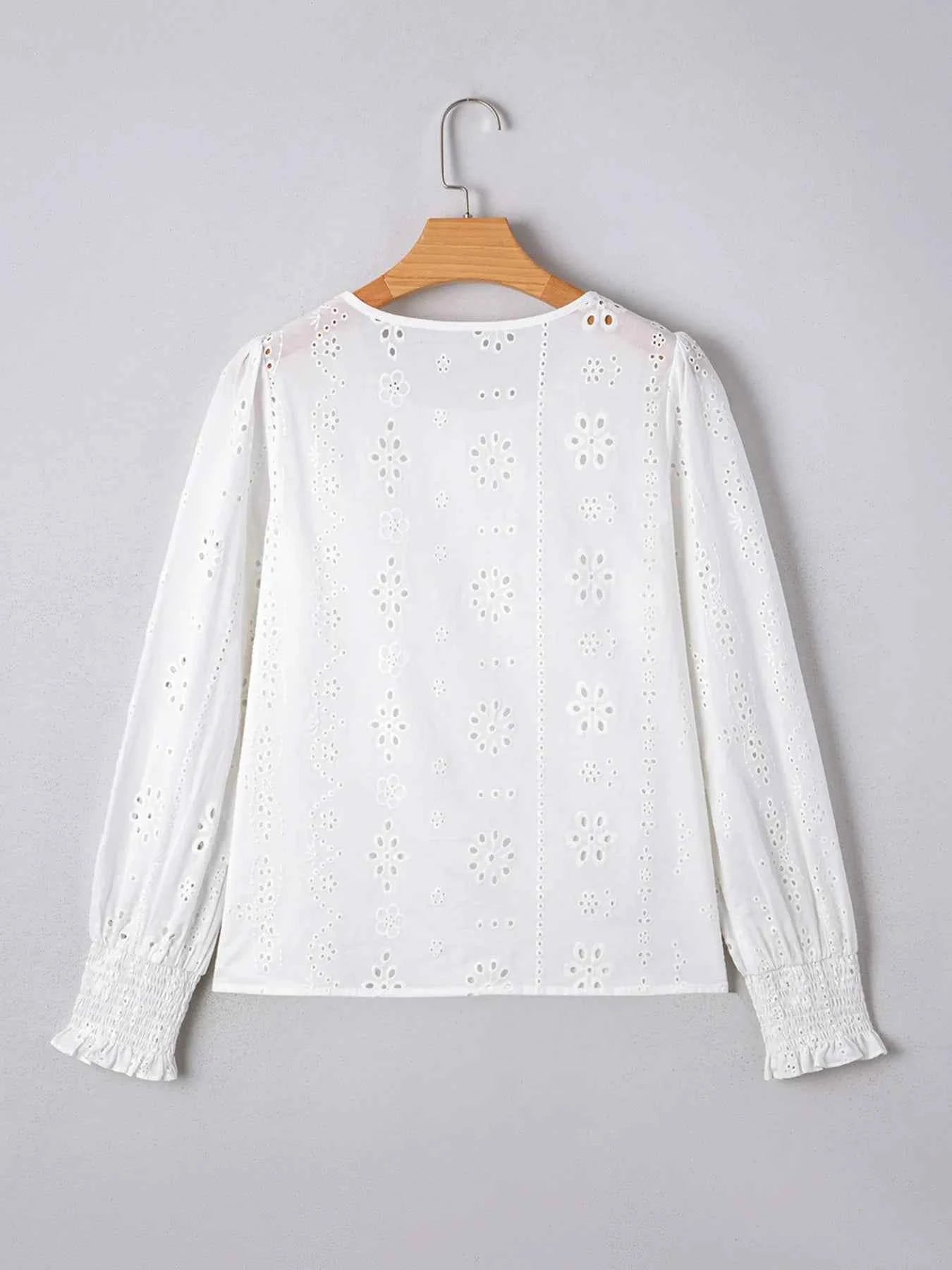 Eyelet Long Sleeve Blouse with Elastic Cuffs 56c8195e-2d64-4e96-ad3e-95f91245b4b4-Max-Origin