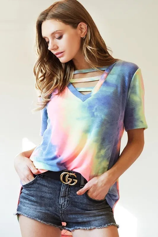 BiBi Tie-Dye V-Neck Short Sleeve T-Shirt CHARCOAL TIEDYE 56cd0296e5b64ae886f2277b3ead40d2-Max-Origin