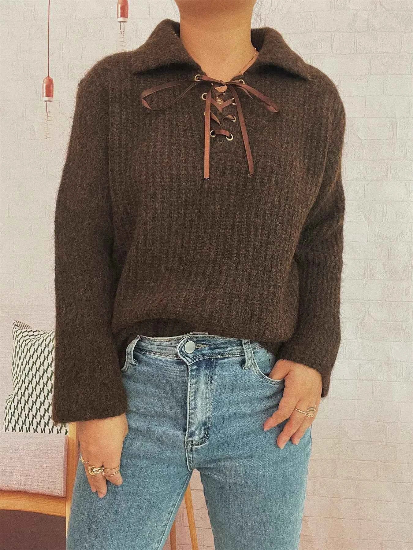 Lace Up Long Sleeve Sweater 56e57a0795574e9a8edeba7c1bc24bba-Max-Origin