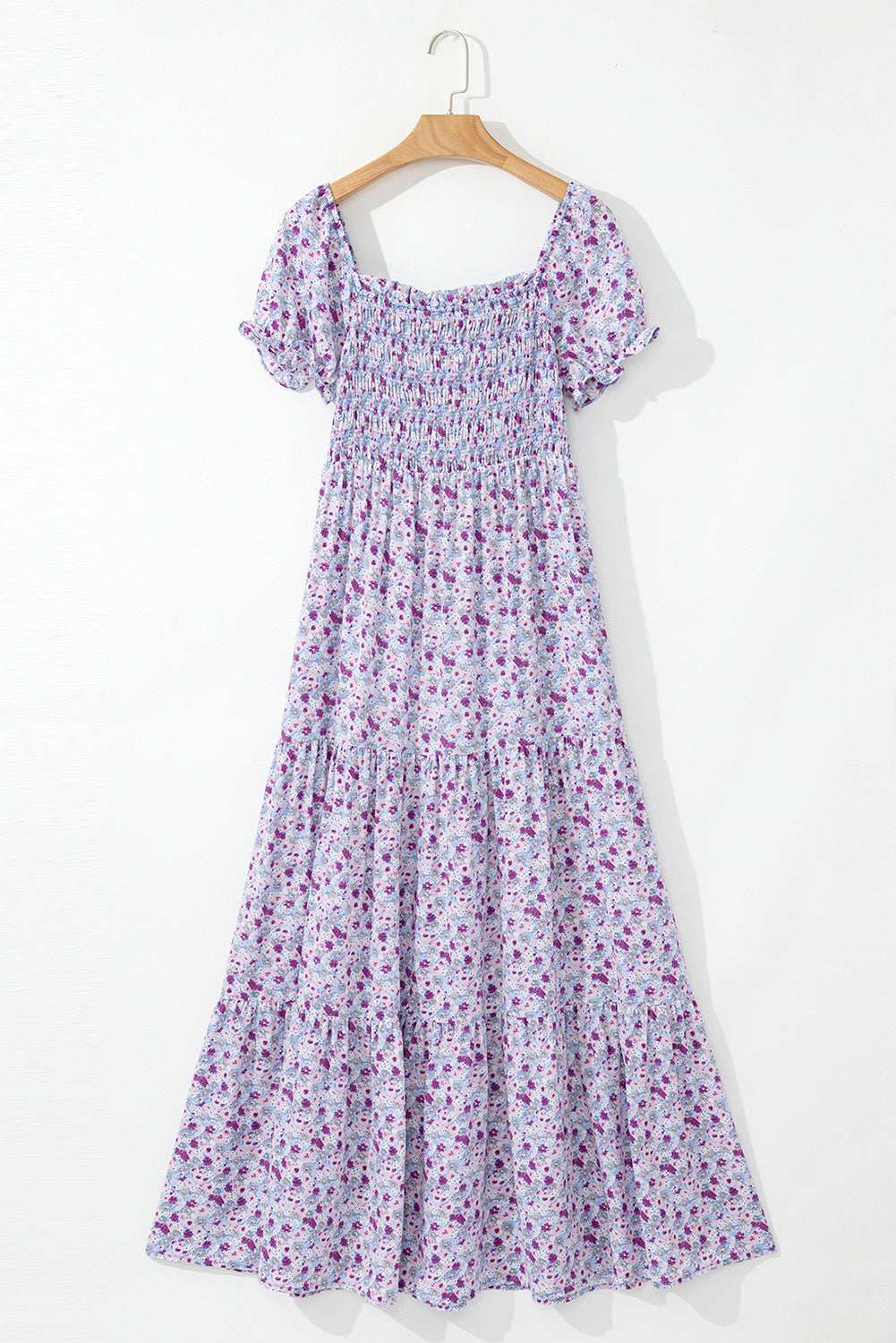 Purple Floral Short Bubble Sleeve Smocked High Waist Maxi Dress 56e7de20da3d41f5-_6
