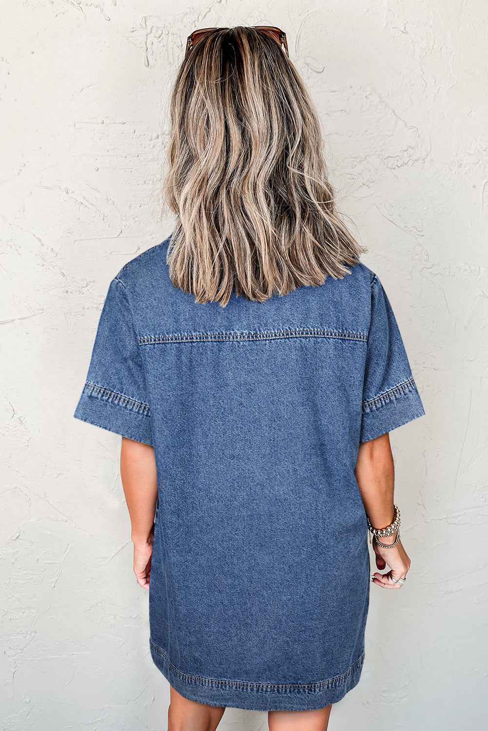 Blue Short Sleeve Collared Chest Pocket Denim Mini Dress 56ea50d2456c8858