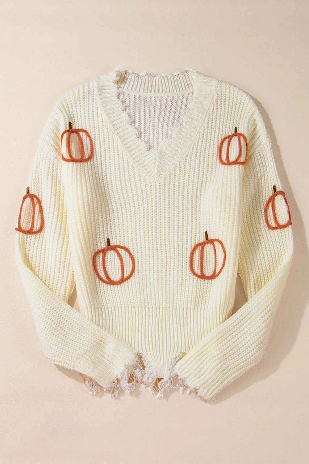Raw Hem Pumpkin V-Neck Long Sleeve Sweater 572d6ecb-33a0-483a-b288-1f78398260e2-Max