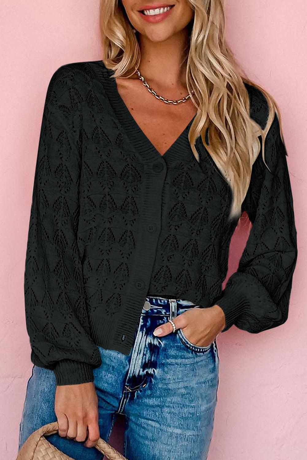 Black Lightweight Buttoned Front Crochet Cardigan Black 100%Polyester 5731968d08abc827