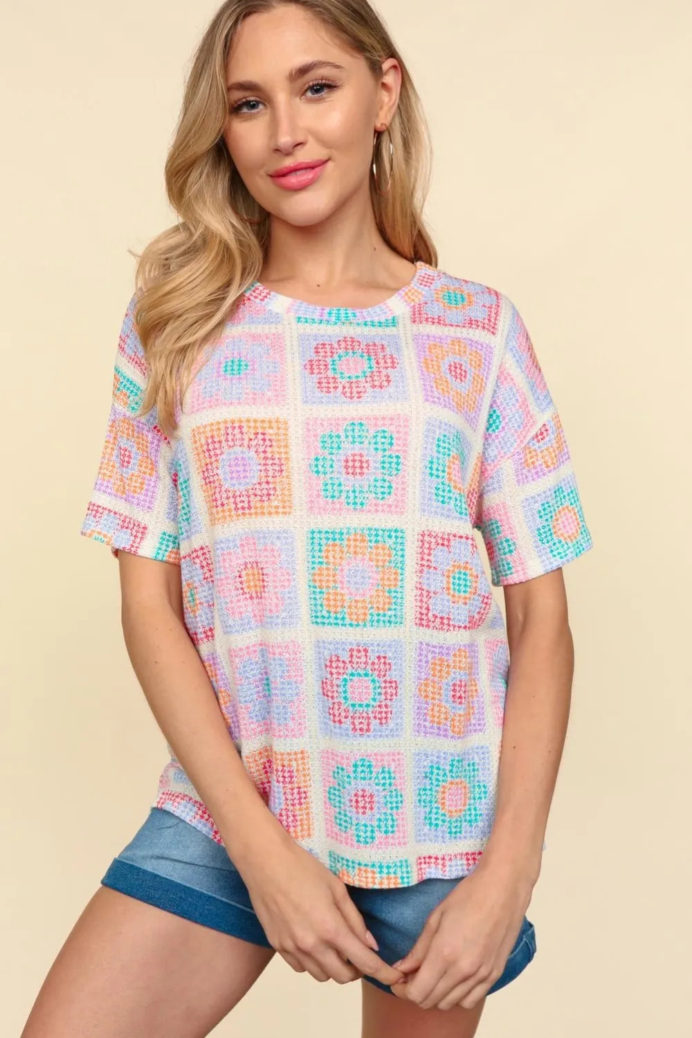 Haptics Flower Print Round Neck Short Sleeve T-Shirt Oatmeal Teal Orange 573268db-0776-41ca-8901-3d100e85bf3f-Max