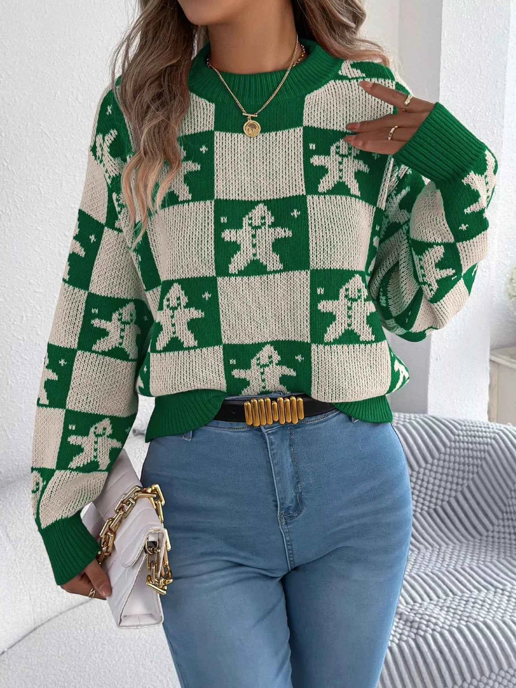 Christmas Checkerboard Gingerbread Round Neck Sweater 5734b04e-3d73-405d-8f3c-40f852aecc33-Max-Origin