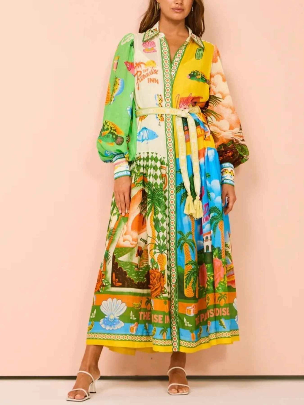 Printed Lantern Sleeve Midi Shirt Dress 573aa84f-6e51-4125-bdce-def133911693-Max-Origin