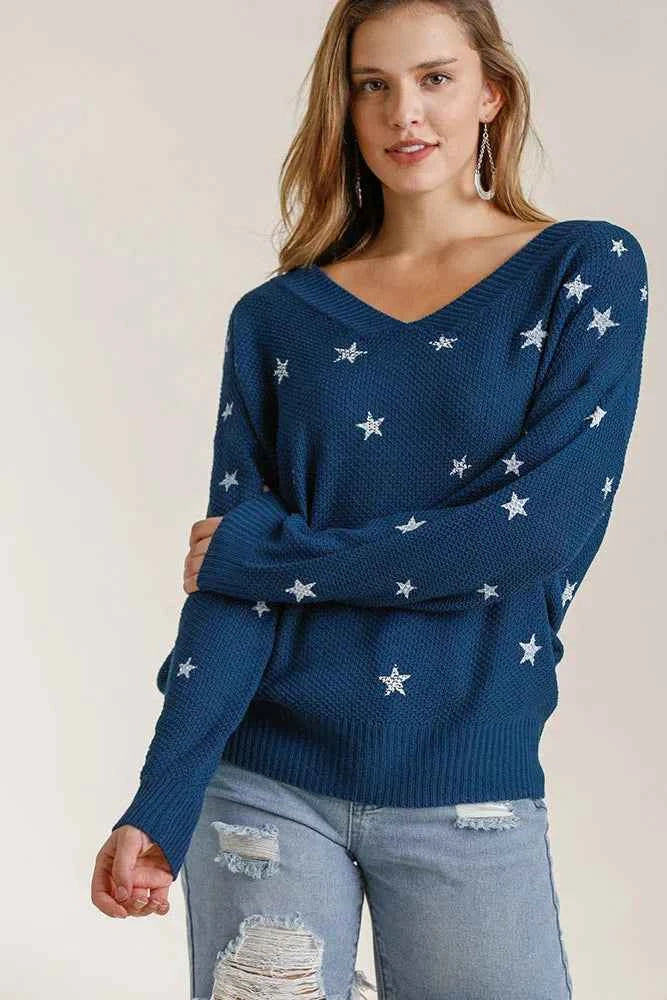 Umgee Full Size Star V-Neck Long Sleeve Sweater Plus Size Navy 573b7806-9e42-4a82-a7b1-32b9db28c460-Max
