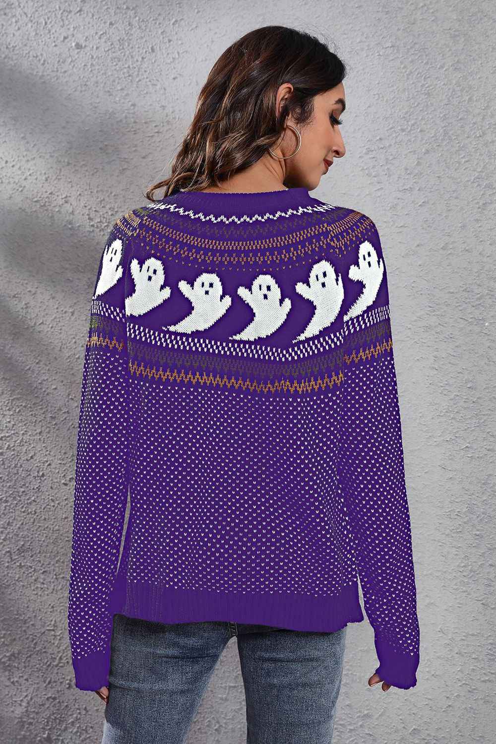 Ghost Pattern Round Neck Long Sleeve Sweater 574820fb5bc44b519af245b93d460649-Max