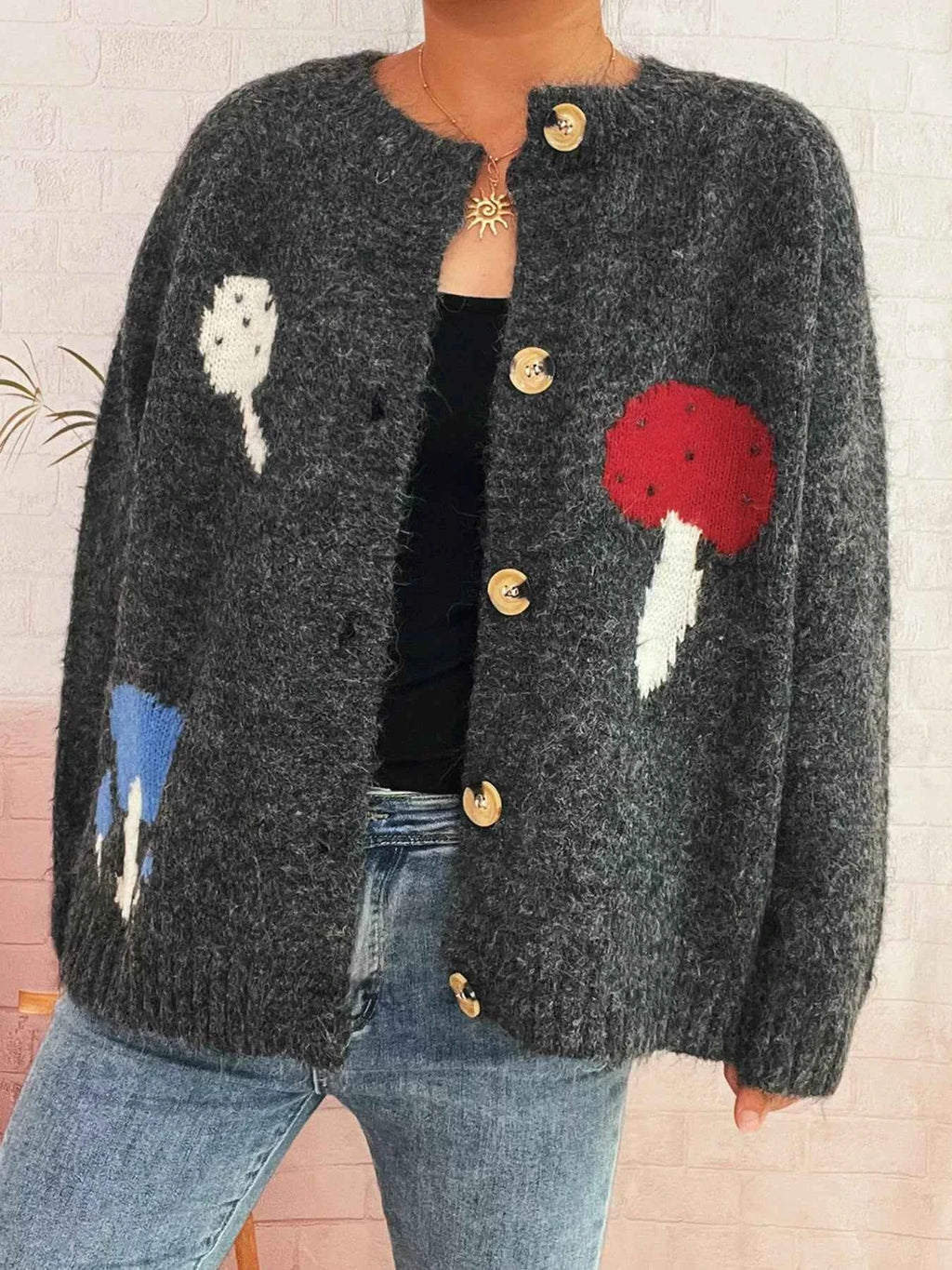 Mushroom Pattern Button-Up Cozy Knit Cardigan 5767d16f78044cce856bdfa2797a1be0-Max-Origin