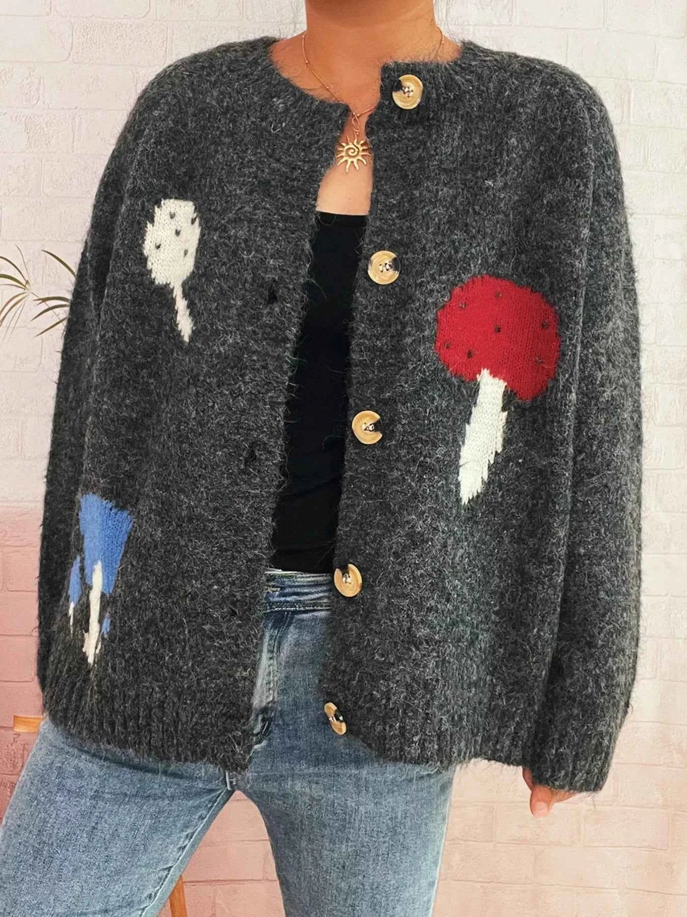 Mushroom Pattern Button-Up Cozy Knit Cardigan 5767d16f78044cce856bdfa2797a1be0-Max-Origin