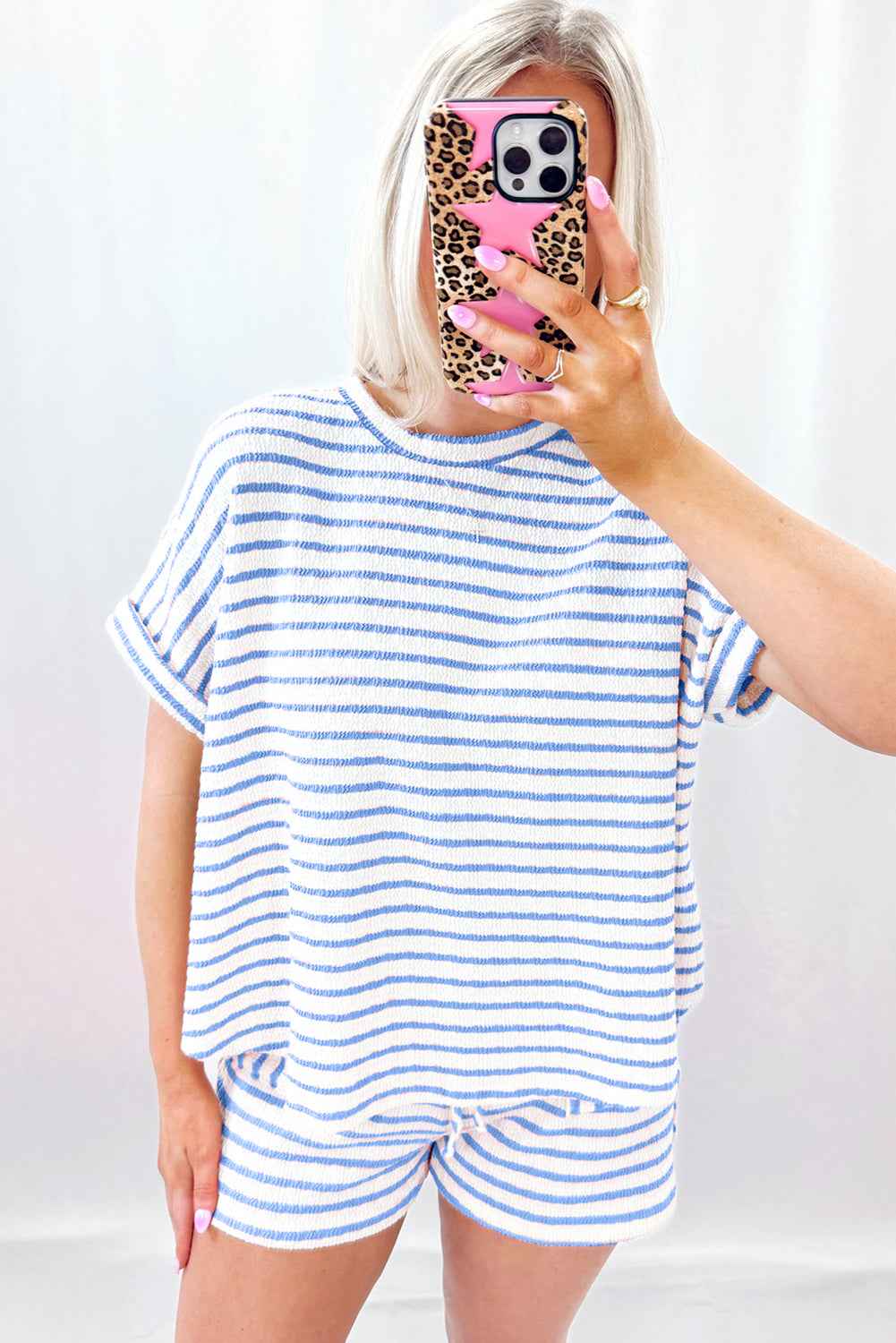 Sky Blue Striped Print Short Sleeve Top and Pocket Shorts Set 577c1f8b7dc967ef