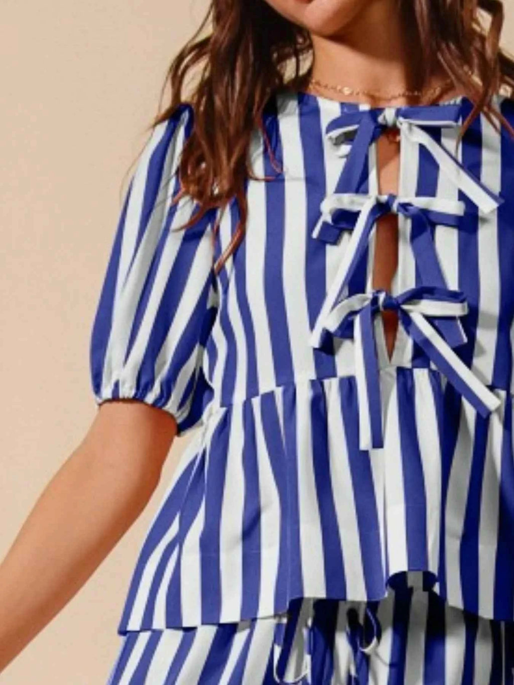 SO ME Front Tie Stripe Puff Sleeves Top and Wide Leg Pants Set 578391d4-1850-472d-9b75-eaea0223bde3-Max-Origin