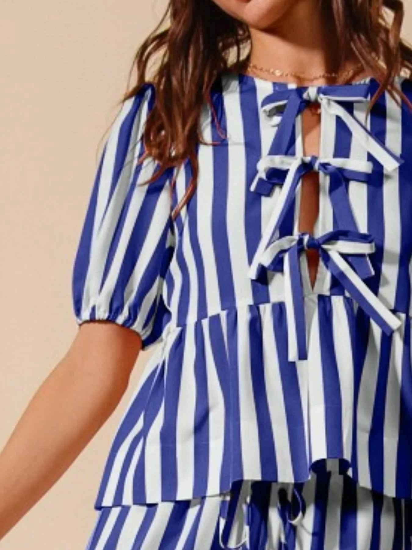 SO ME Front Tie Stripe Puff Sleeves Top and Wide Leg Pants Set 578391d4-1850-472d-9b75-eaea0223bde3-Max-Origin