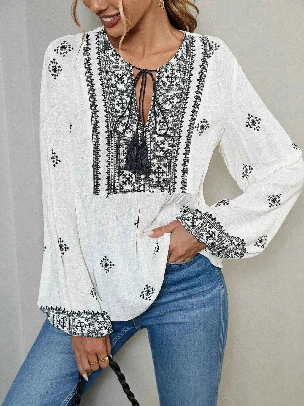 Tie Front Long Sleeve Blouse White 57aeb331ae884cfb9e68d8583c3ae9ef-Max-Origin