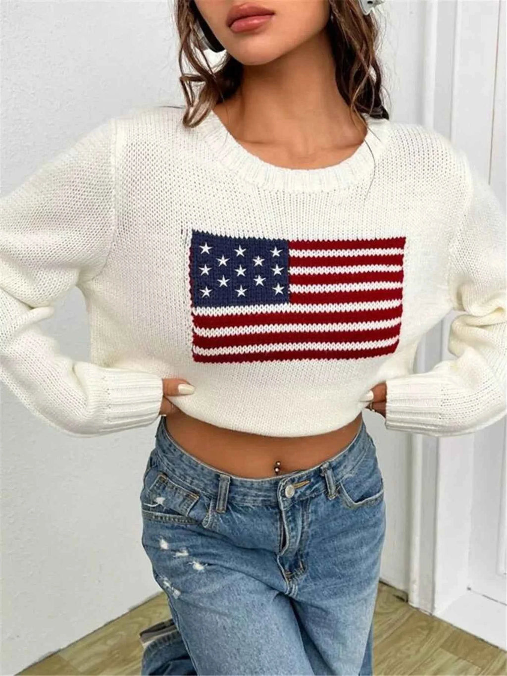 US Flag Round Neck Long Sleeve Sweater White 57c881c893ad4bc9bd6b4a7a57081c0b-Max-Origin