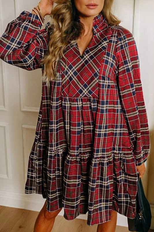 Plaid Frilled Collar Long Sleeve Mini Dress 57dc807f-aaf1-433d-b5dd-b141532c20d0