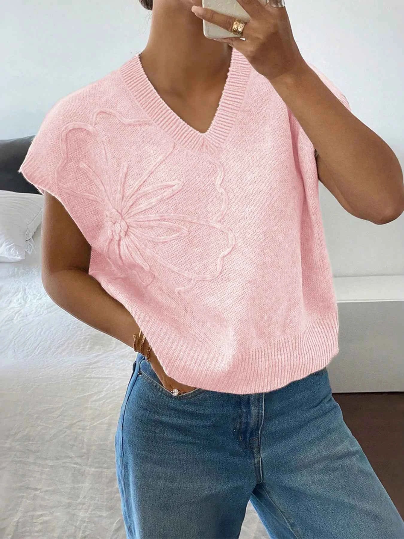 Ribbed Hem V-Neck Short Sleeve Sweater 57e18d21d1c54ff785c5676d68dcdc10-Max-Origin