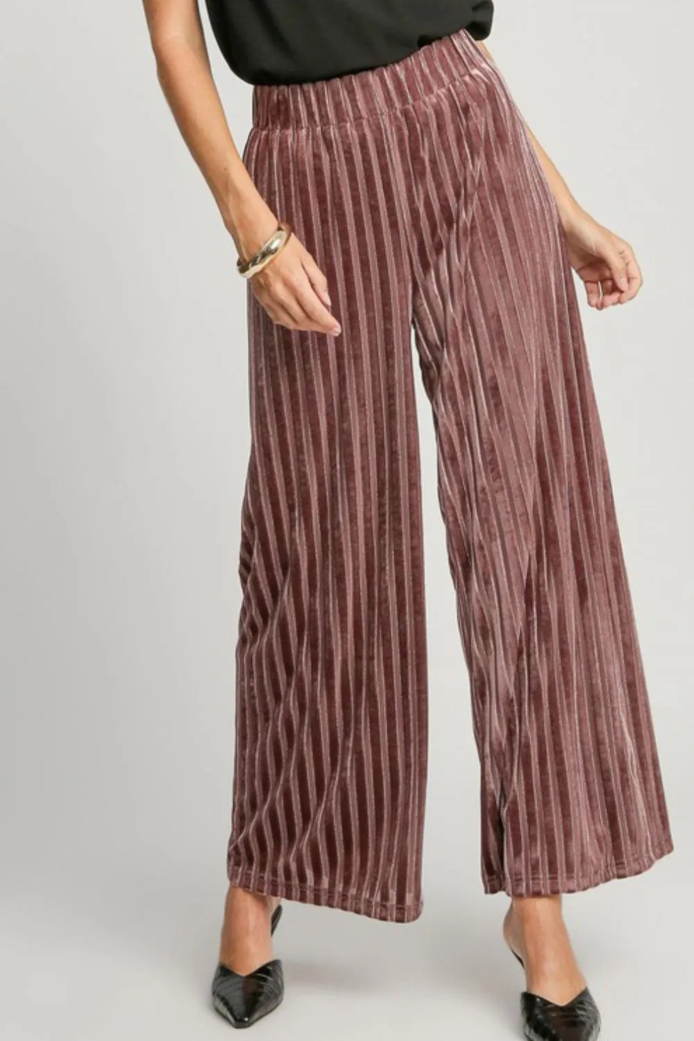 Umgee Full Size Elastic Waist Striped Wide Leg Velvet Pants Burgundy 57e2aa9d-85d8-416e-88f1-8d8825cf96f5-Max