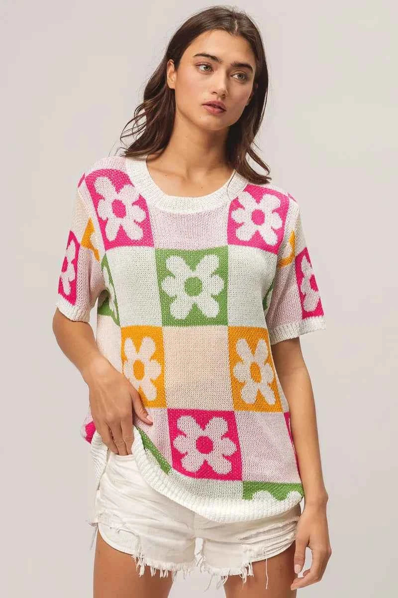 BiBi Flower Checker Pattern Lightweight Sweater Top 57f959e9fd464cc99bc0afcbbea6608e-Max-Origin