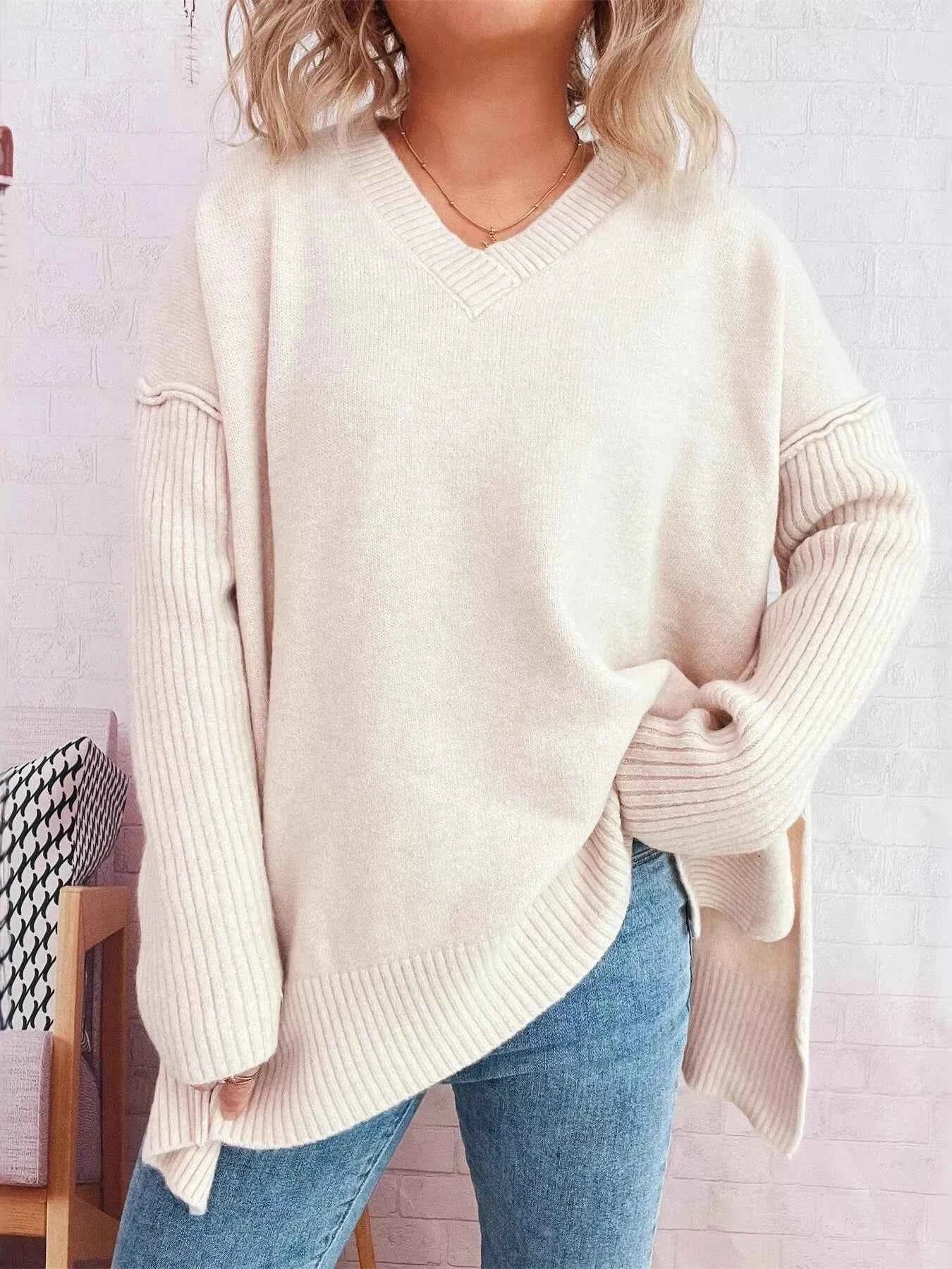 V-Neck Dropped Shoulder Sweater Ivory One Size 581a97f4843347e6a995faaed8d505ae-Max-Origin