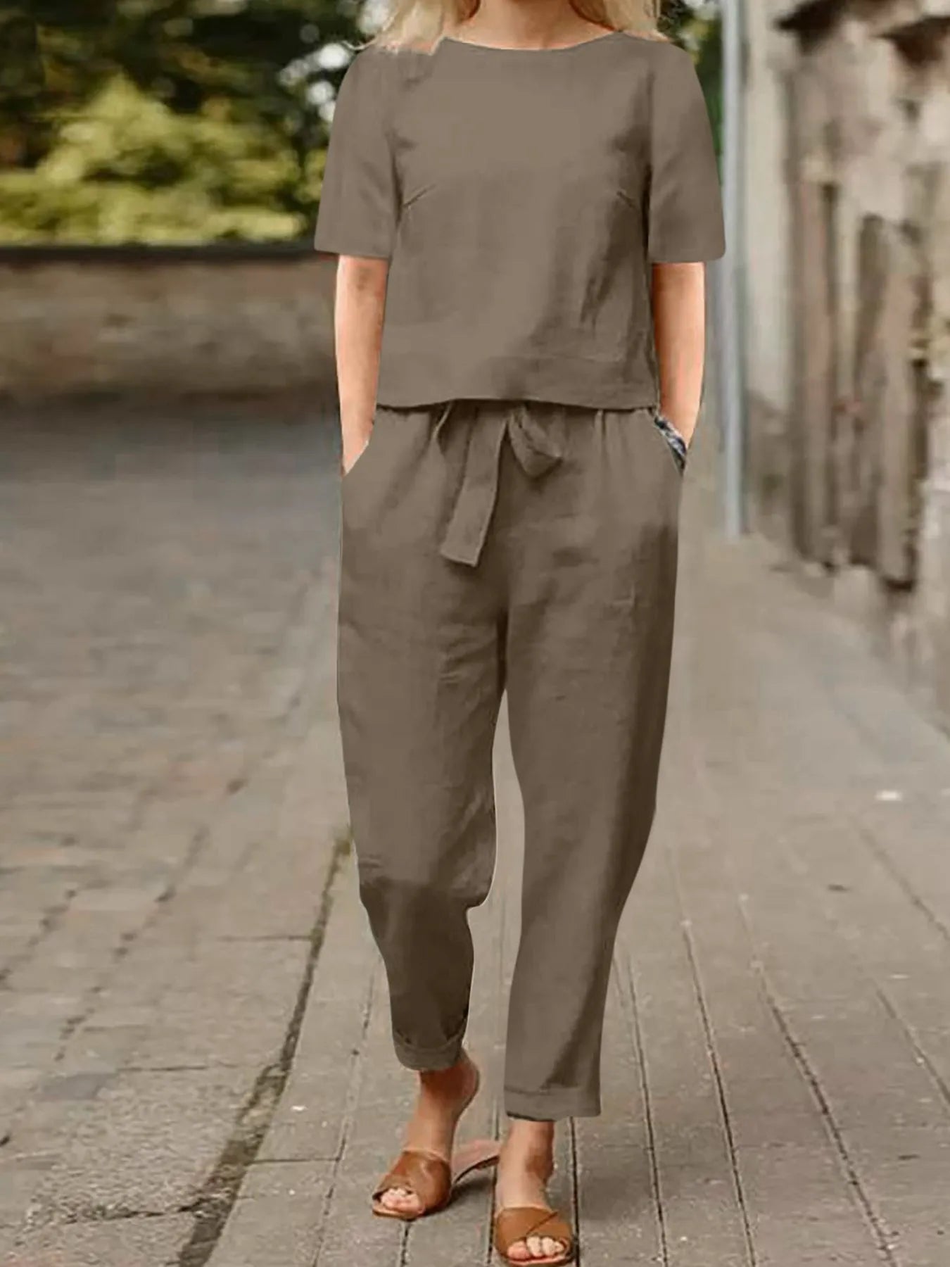 Full Size Round Neck Short Sleeve Top and Pants Set Plus Size Deep Khaki 581dd2c9-9f8c-41c3-96ba-094a2557ddc6-Max-Origin