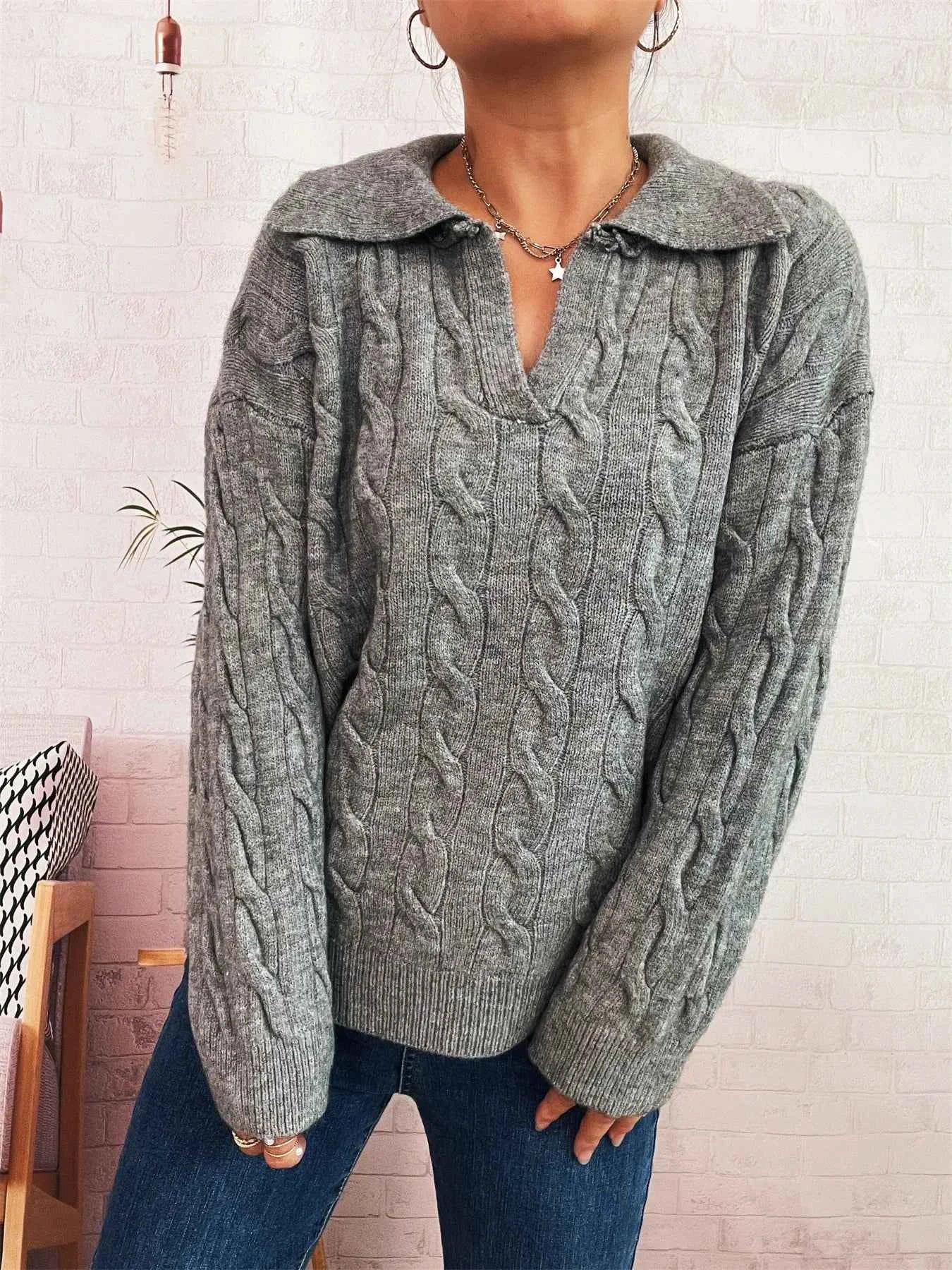 Cable Knit Johnny Collar Sweater Gray One Size 582824a0329d4fb2996f646cea70590b-Max-Origin