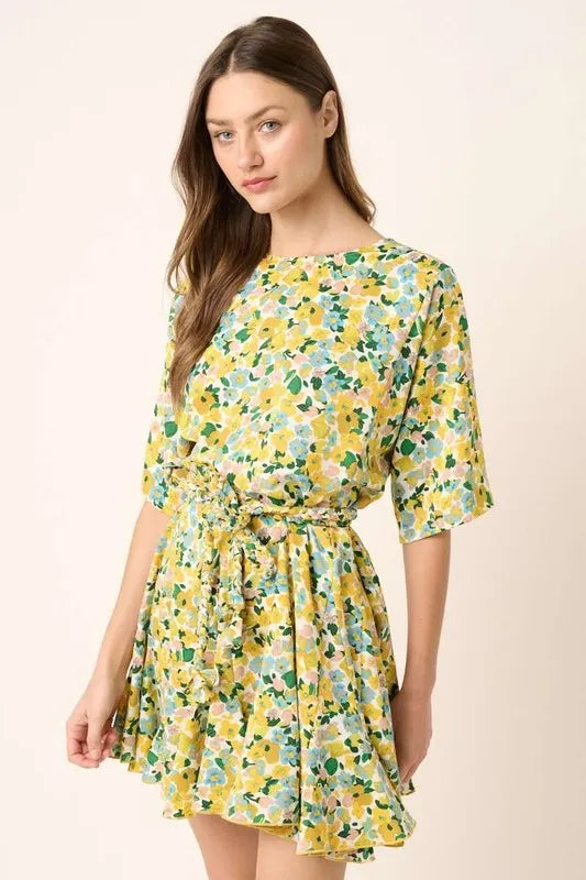 Mittoshop Floral Tie Waist Half Sleeve Mini Dress Yellow Combo 582b3478-49be-4317-b372-f974856845eb-Max