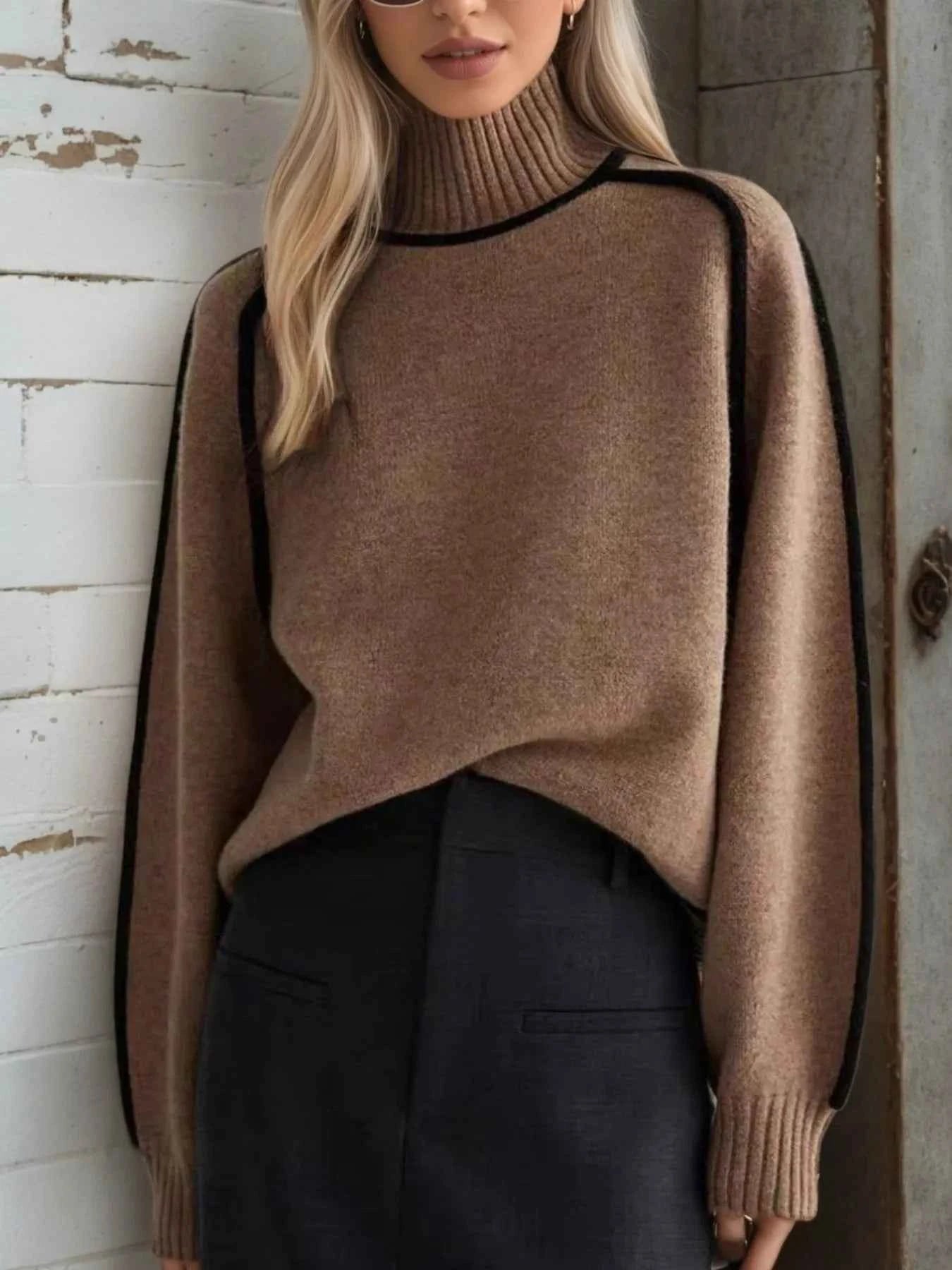 Contrast Trim Turtleneck Sweater Brown 583f8306-3822-44c4-93bb-43c92119fdb9-Max-Origin
