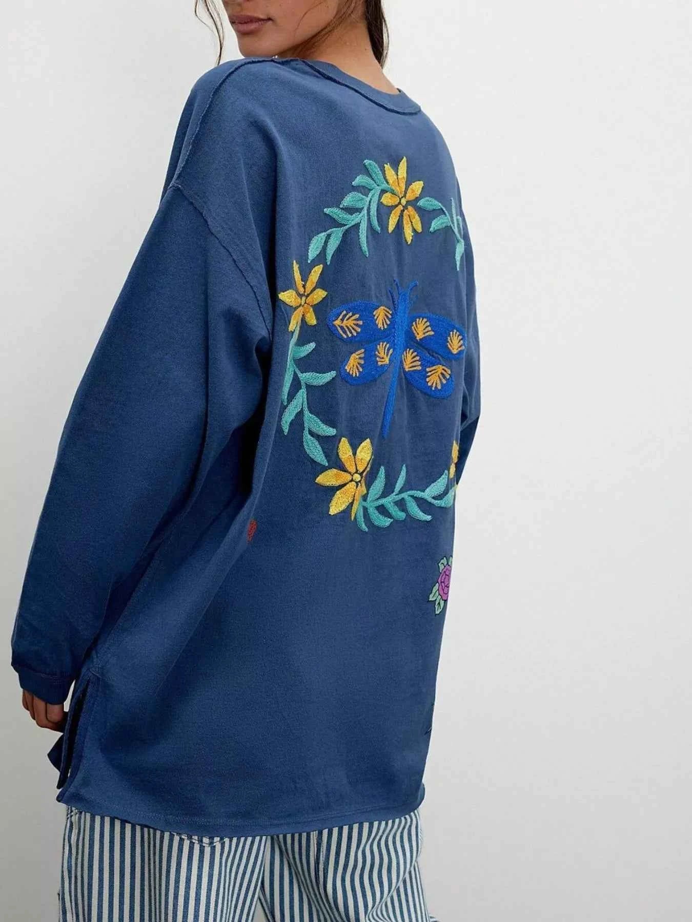 Embroidered Crew Neck Long Sleeve Sweatshirt 5842e190-e6f0-403d-8db2-e73544cb87cd-Max-Origin