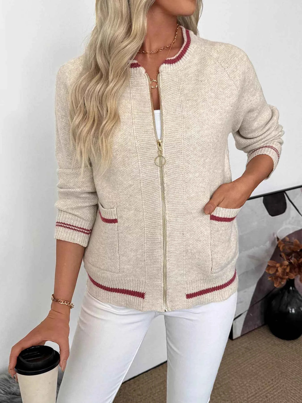 Zip Up Contrast Trim Cardigan 58495867dcf34e90893622d765fde315-Max-Origin