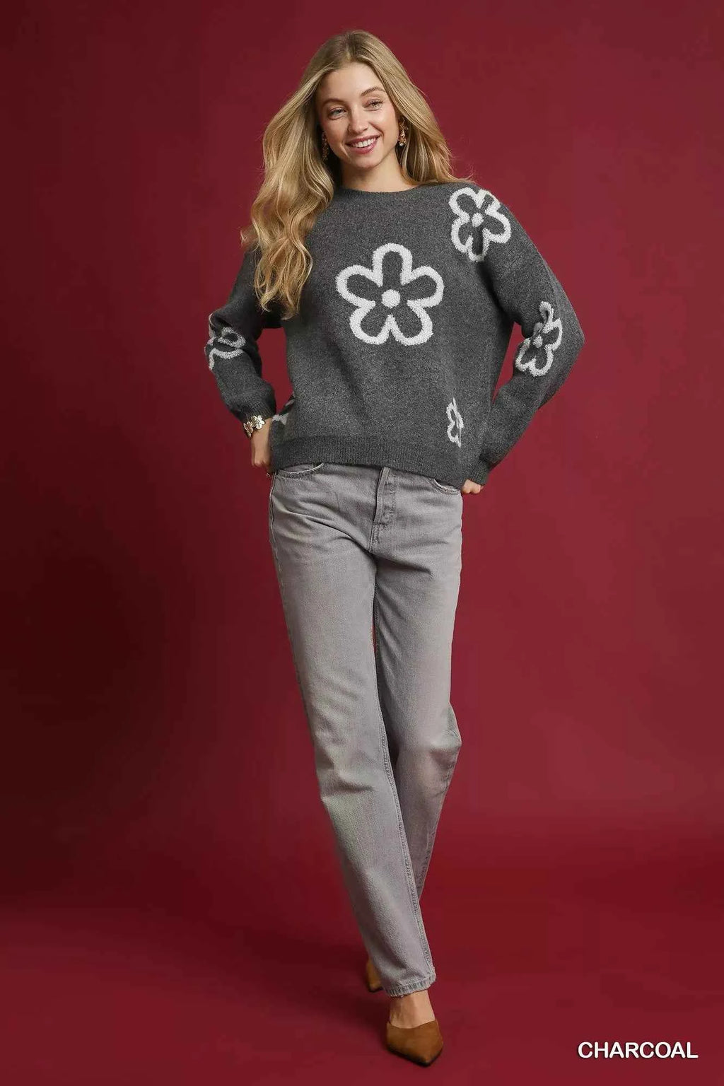 Umgee Round Neck Sweater with Pink Floral Accents 584dd0b7-350c-473c-9c0c-caff5d3ceda5-Max-Origin