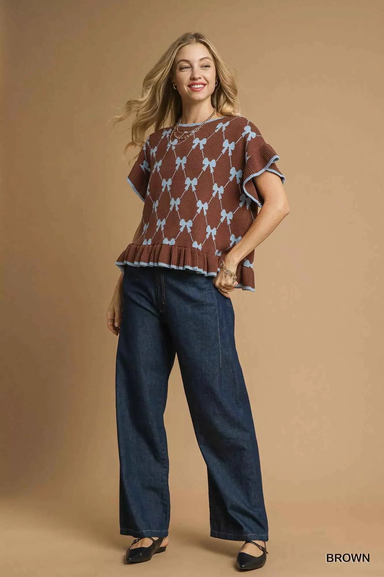 Umgee Bow Knit Ruffle Sleeve Sweater 58558133-e211-4af8-9629-6d6104d263bc-Max-Origin