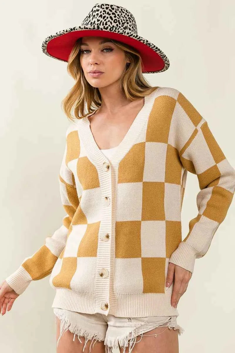 BiBi Checked V-neck Cardigan 58676d7bed8b45f59c32c3ac3f368916-Max-Origin