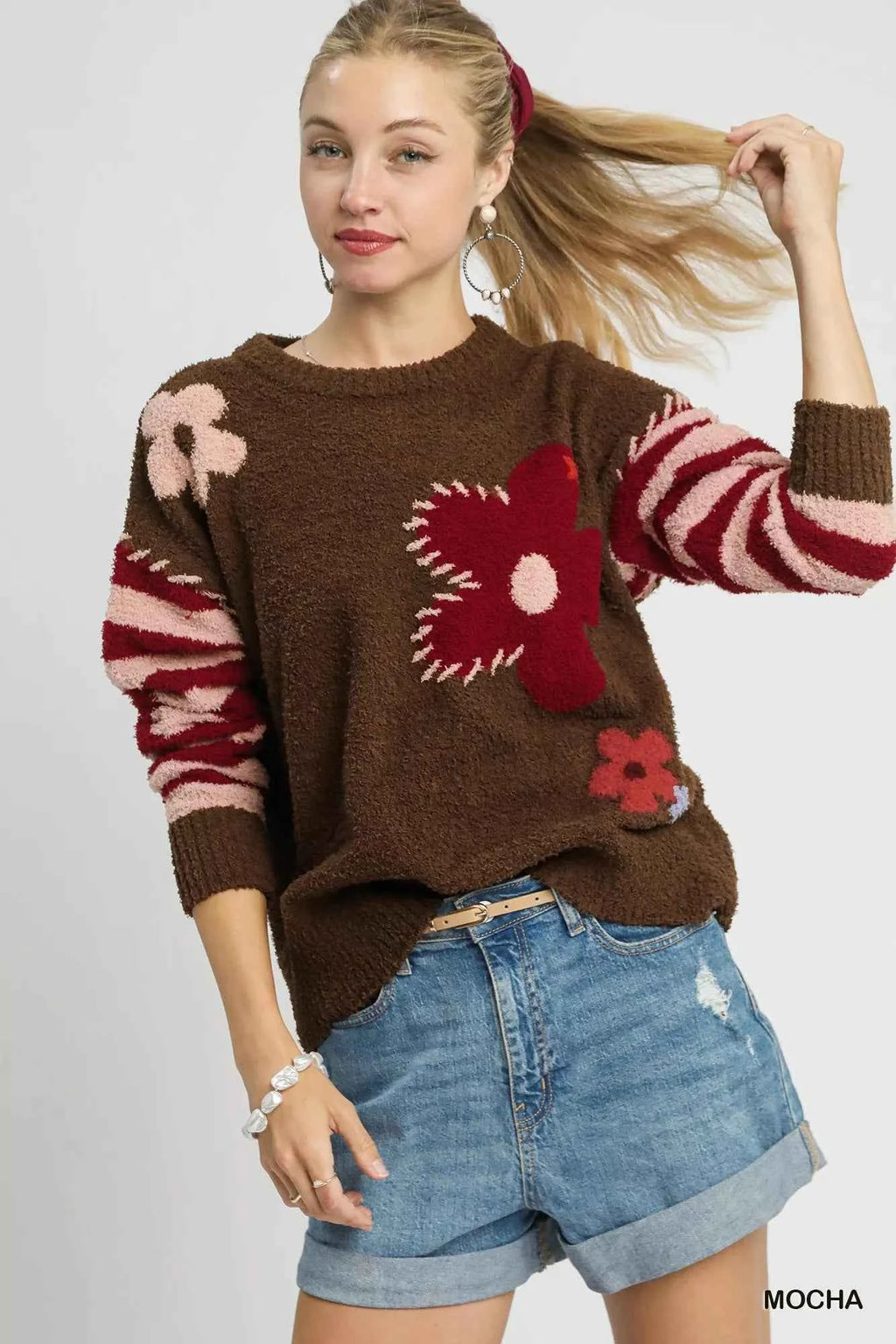 Umgee Flower Jacquard Striped Long Sleeve Sweater Mocha 586c3e14-a90f-48f3-a0b9-f9278ec45c3f-Max-Origin